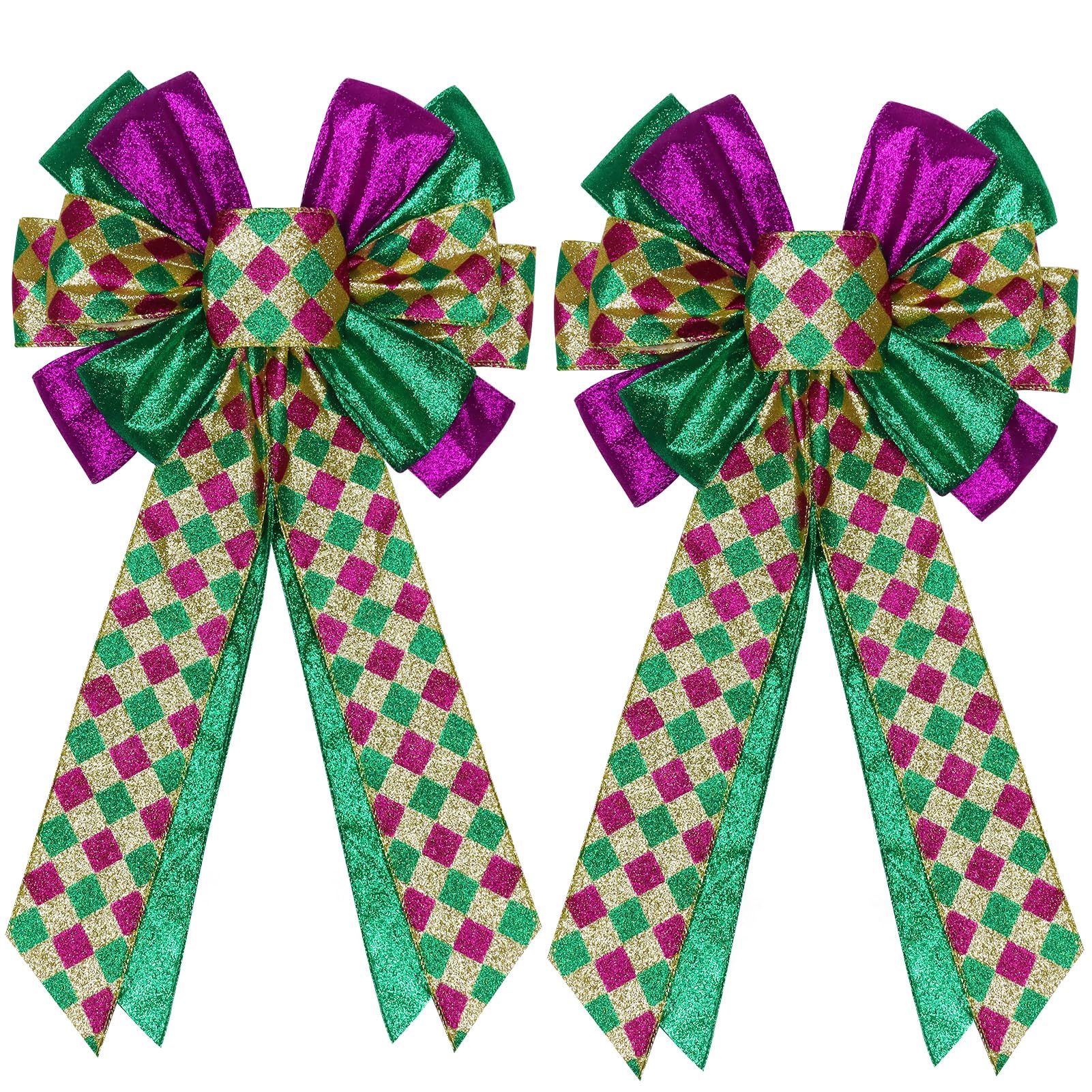 2 Pcs Mardi Gras Bows for Wreaths Decorations,12”x20” Large Glitter Tree Topper Bow Decor for Holiday Party Wall Home Front Door Float Golf Cart Gold Green Purple