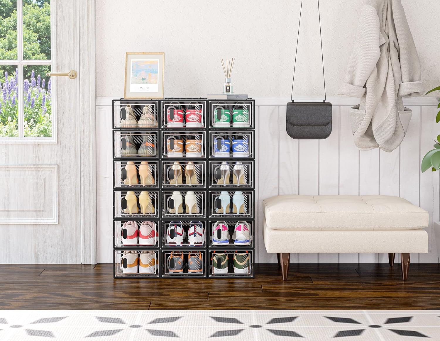 SIMPDIY Shoe Organizer - 12 Pack Clear Plastic Stackable Shoe Storage Boxes with Lids | Size 10, Black