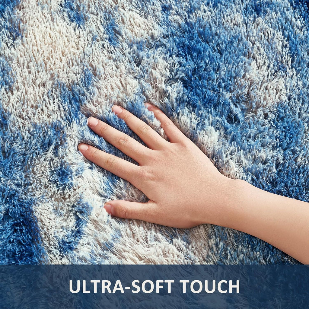 Ophanie Area Rug - Fluffy Shag Soft Carpet for Living Room | 6x9 Blue, White & Grey Design