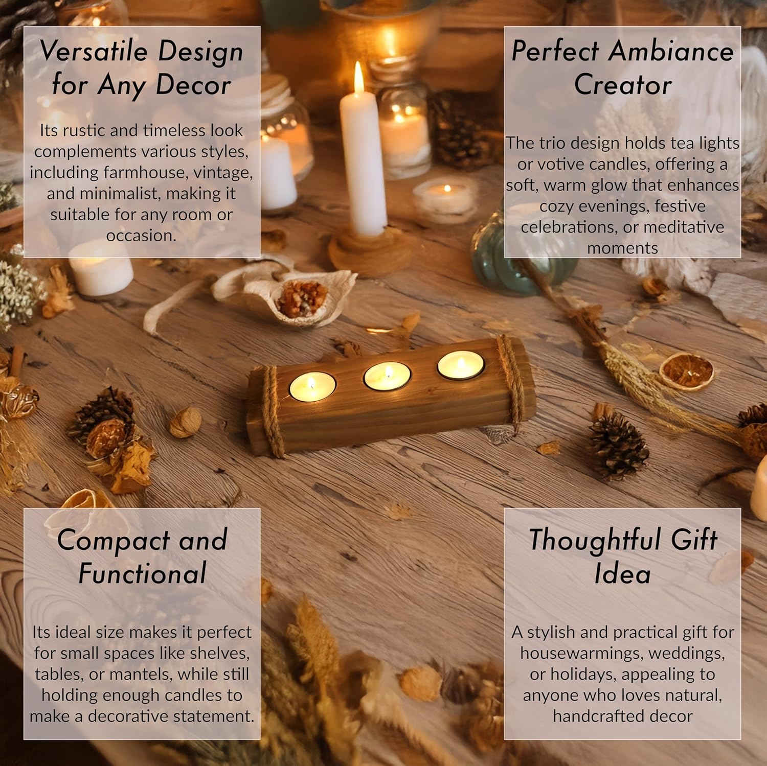 Skiennix Wooden Tealight Candle Holder - Rustic Farmhouse Decor - 3 Tea Light Tray in Brown