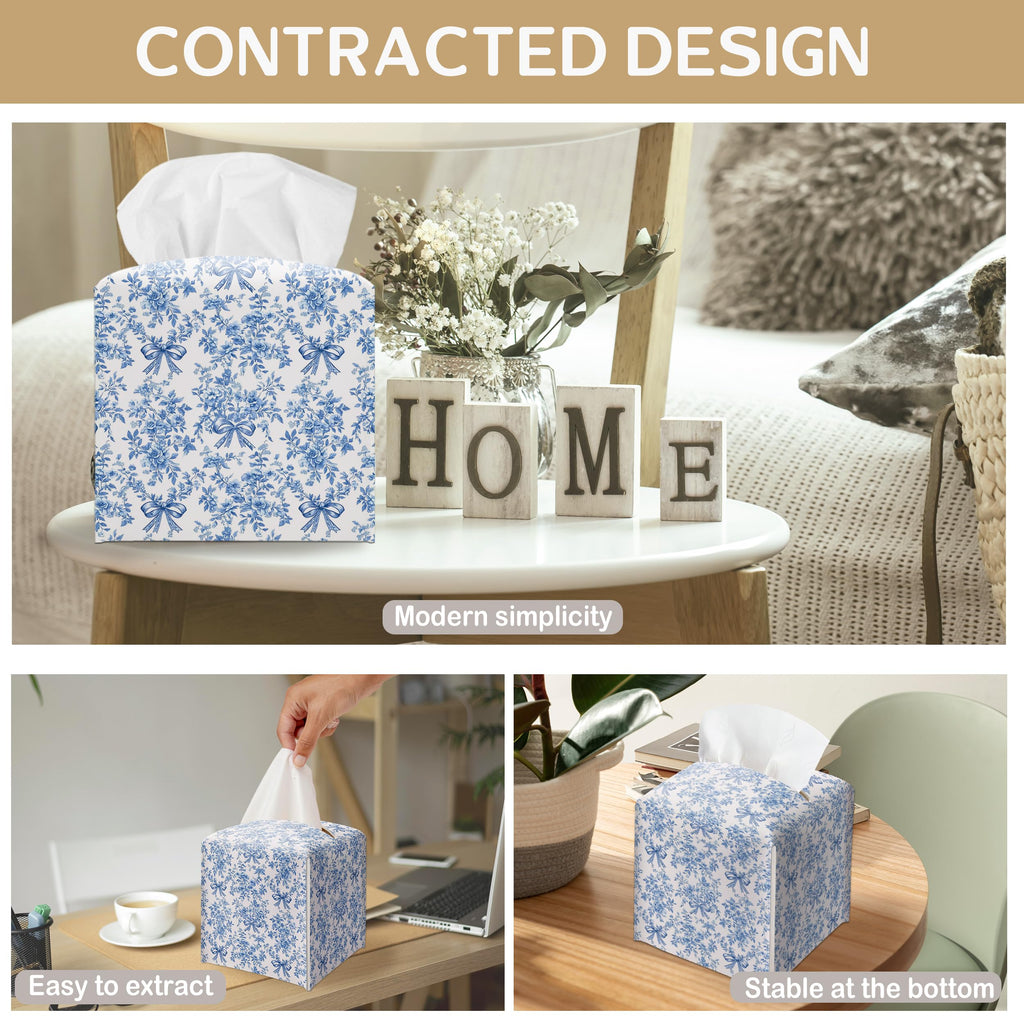 Blue Chinoiserie Bow Tissue Box Cover, Tissue Box Cover Square, Gifts for Women Men Friends, Decorative Facial Paper Case for Home Office Bathroom Vanity Countertop-A09