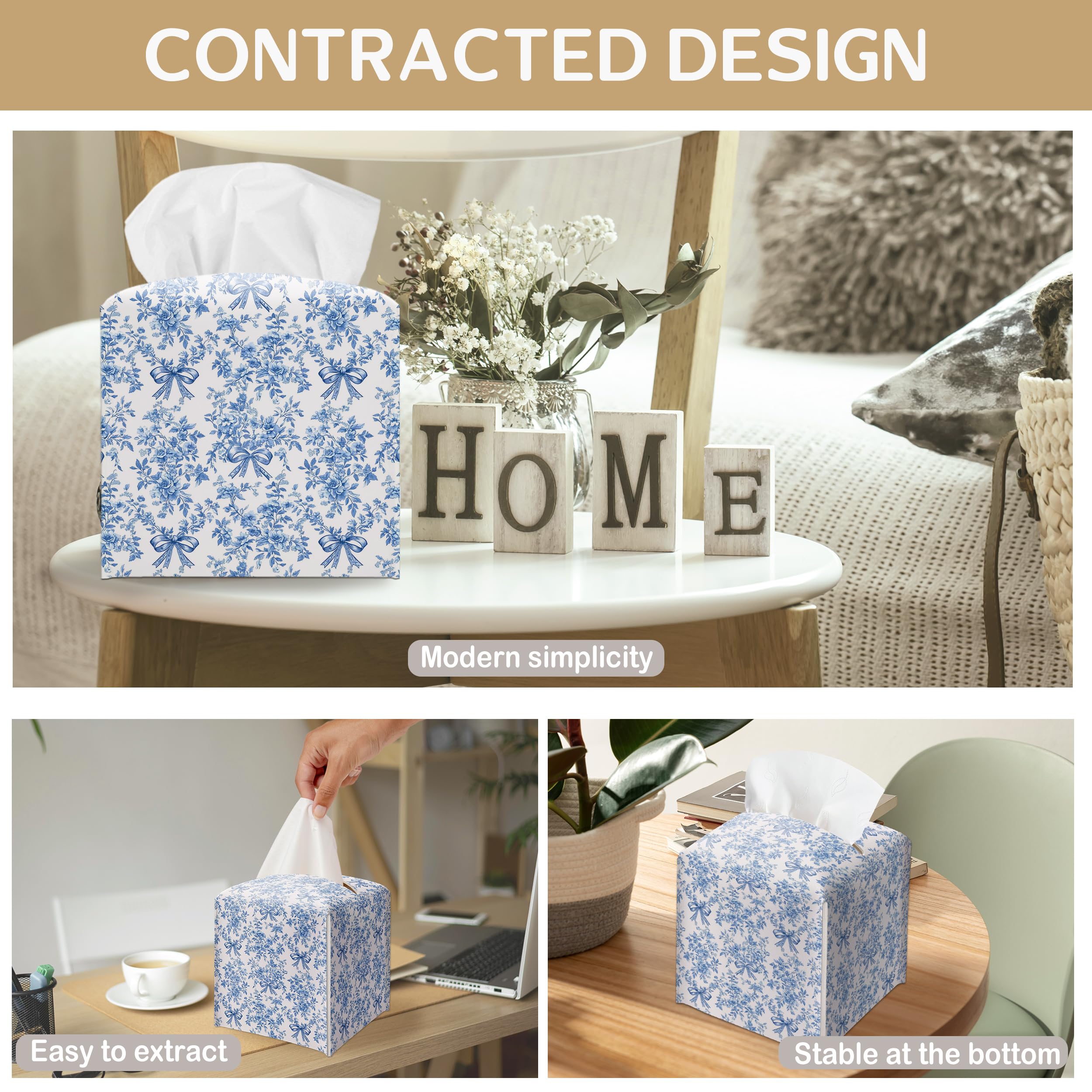 Blue Chinoiserie Bow Tissue Box Cover, Tissue Box Cover Square, Gifts for Women Men Friends, Decorative Facial Paper Case for Home Office Bathroom Vanity Countertop-A09