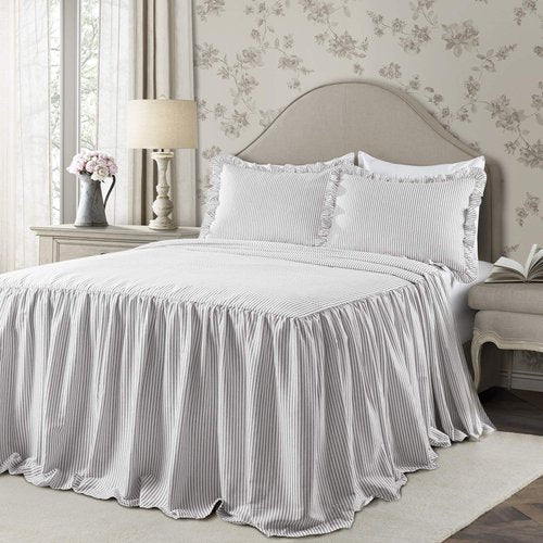 Lush Decor Ticking Stripe Bedspread Queen Size 3 Piece Set Gray - Ruffle Bedding Set Queen Bedspreads - Striped Bedding - Farmhouse & Coquette Decor