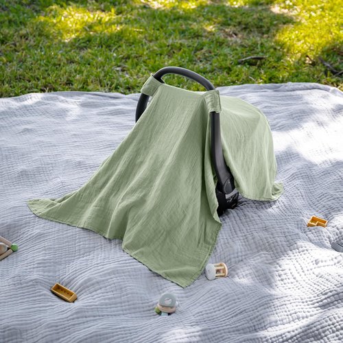 Comfy Cubs Baby Car Seat Cover - Soft Bamboo Rayon & Muslin Blend - Lightweight Sage Canopy for Sun & Bug Protection
