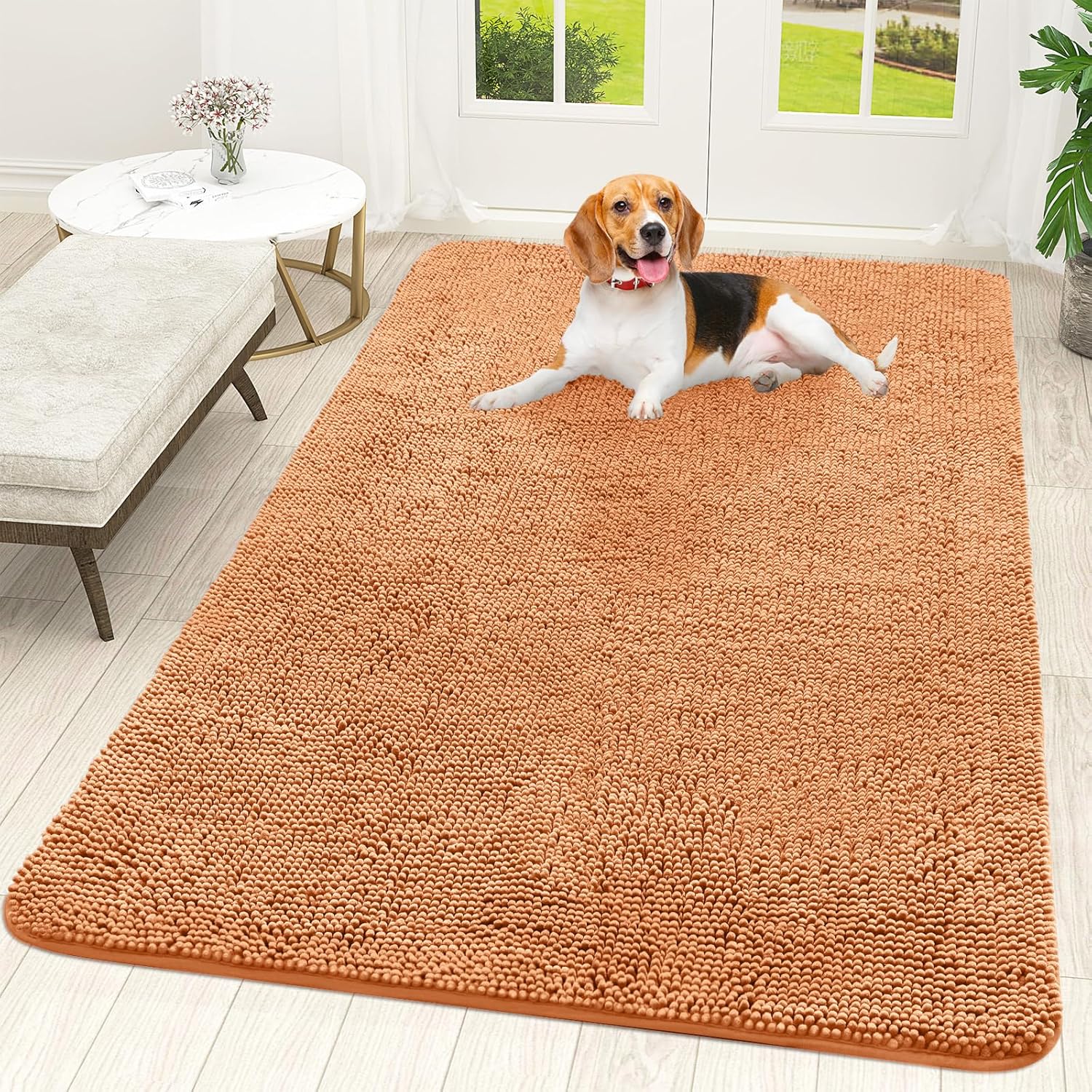 OLANLY Dog Door Mat - Absorbent Non-Slip Mud Mat for Dogs | Quick Dry Chenille | 59x35 Inches | Orange