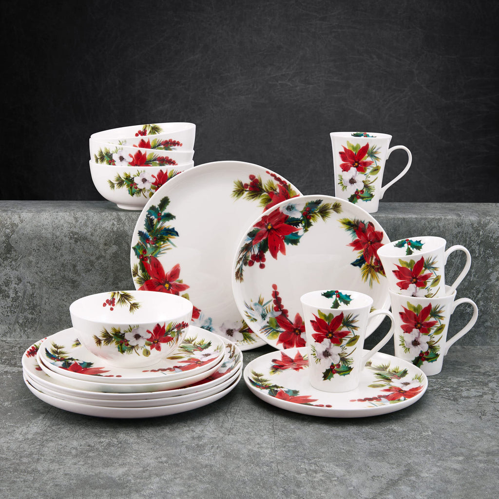 Mikasa Hope Joy Holiday Poinsettia Bone China Lightweight Chip Resistant 16 Piece Dinnerware Set, Service for 4, Multicolor