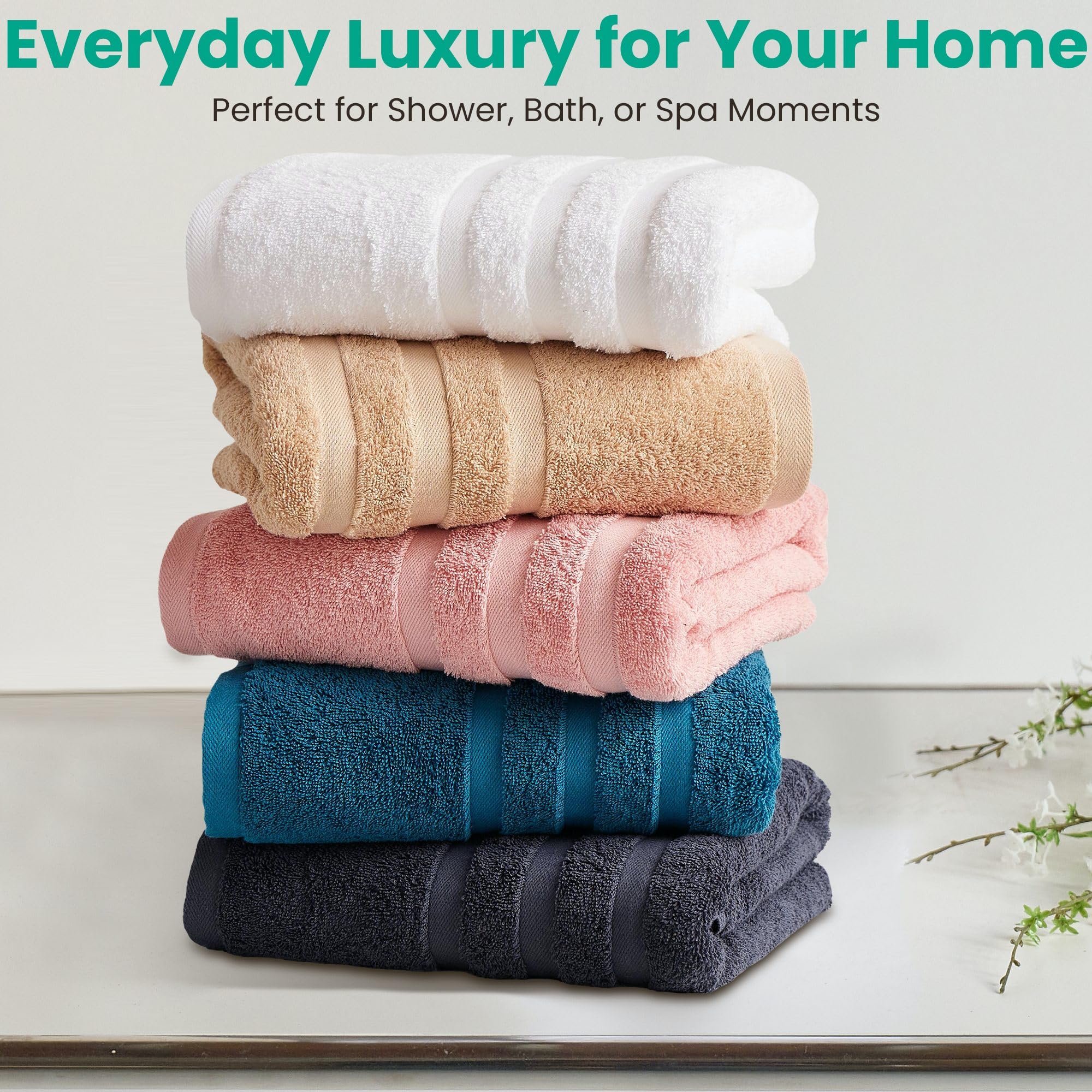 Velqora Bath Towels 4 Pack, Large 30 x 60 Inches, 100% Cotton Towels, Balanced Weight, Soft and Absorbent for Bathroom, (White)