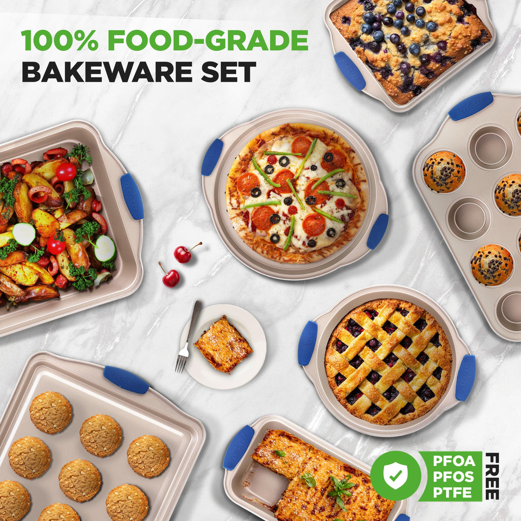 NutriChef 10-Piece Nonstick Bakeware Set - Premium Carbon Steel Baking Pan Set w/Heatsafe Silicone Handles, Includes Pizza Crisper, Loaf Pan, 12 & 24 Cup Muffin Pans, Cake Pans, Cookie Sheets