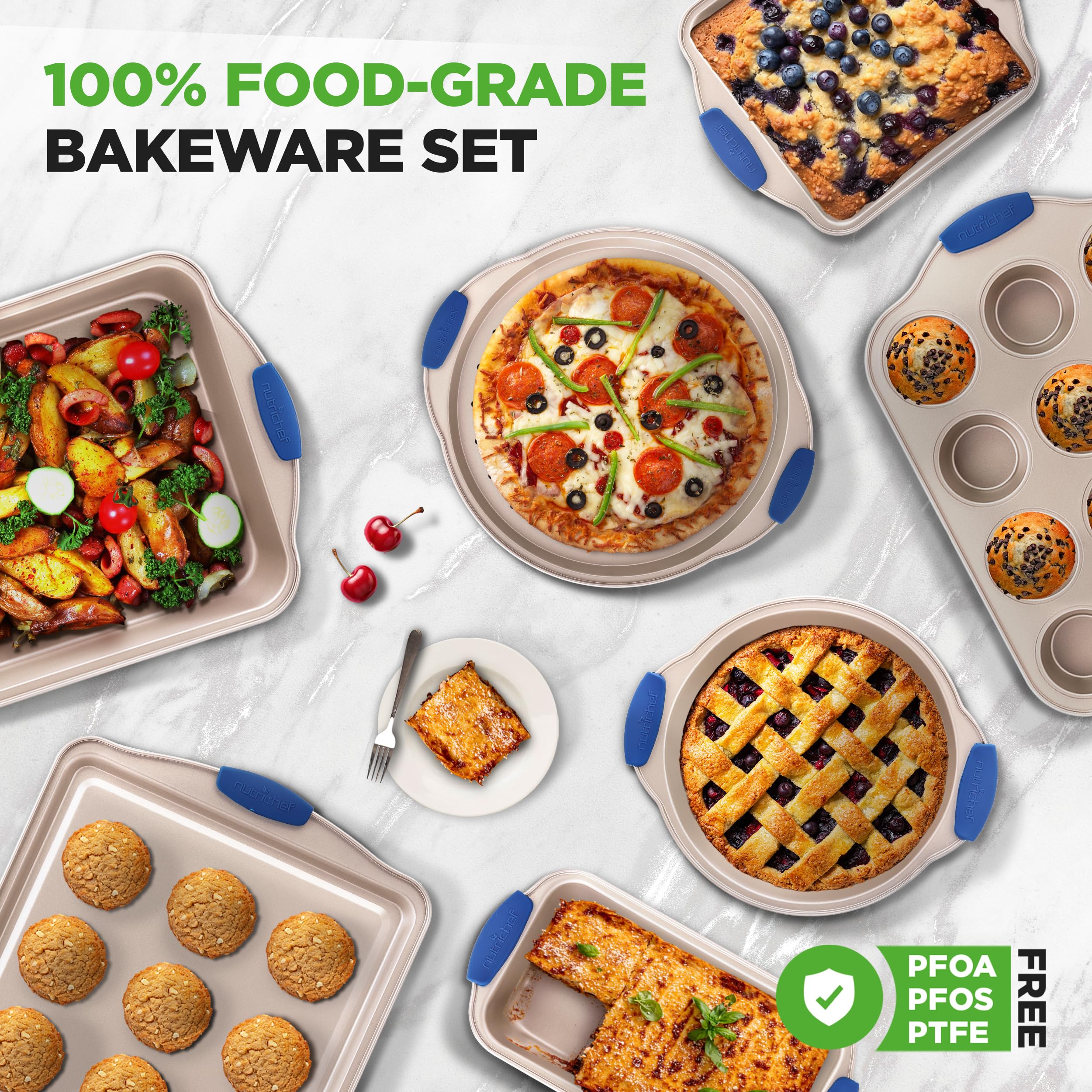 NutriChef 10-Piece Nonstick Bakeware Set - Premium Carbon Steel Baking Pan Set w/Heatsafe Silicone Handles, Includes Pizza Crisper, Loaf Pan, 12 & 24 Cup Muffin Pans, Cake Pans, Cookie Sheets