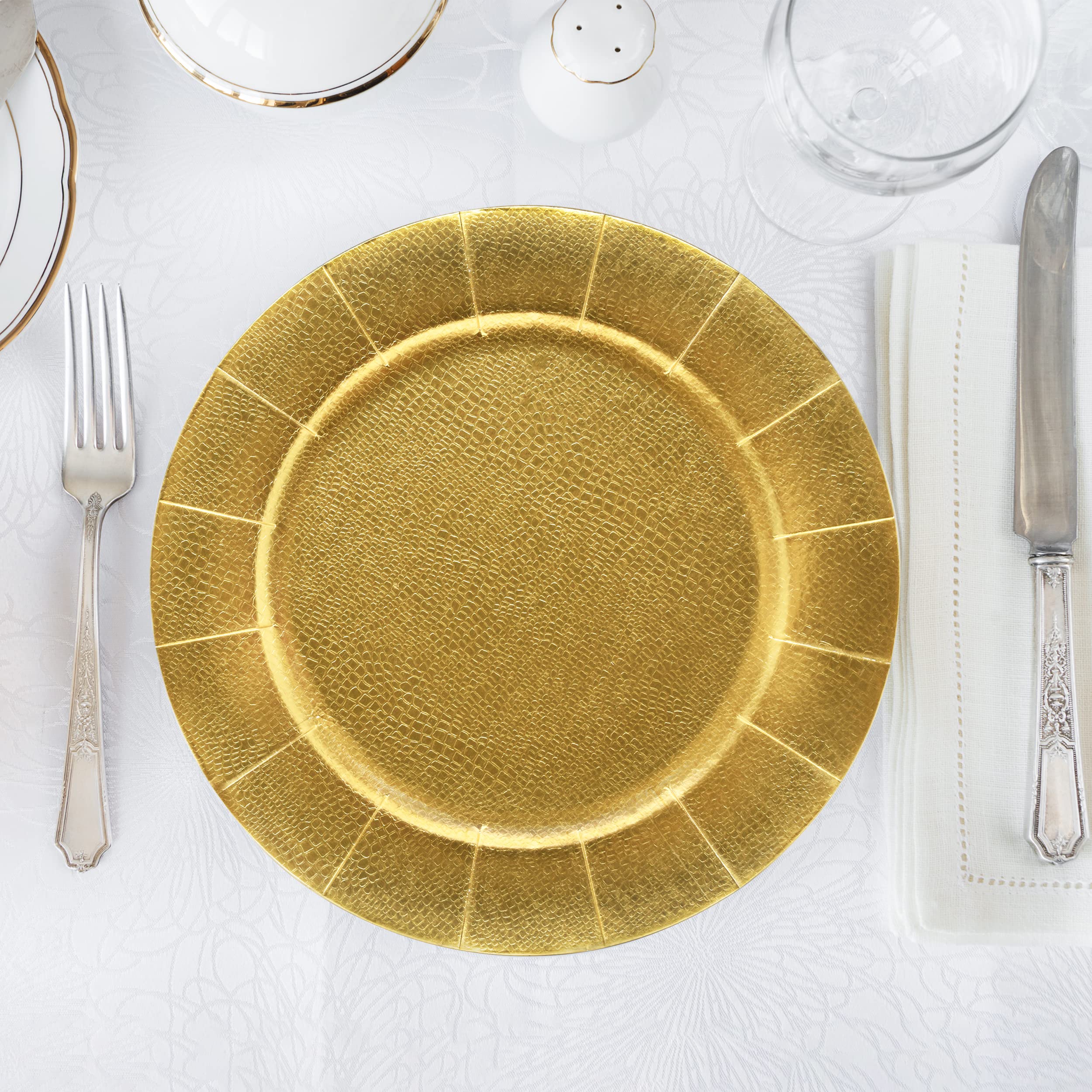 Gift Boutique 120 Disposable Gold Round Charger Plates 13" Dinner Table Serving Tray Plate Heavy Duty Reusable Paper Cardboard Platters for Table Setting Place Mats Cupcake Dessert Wedding Food Safe