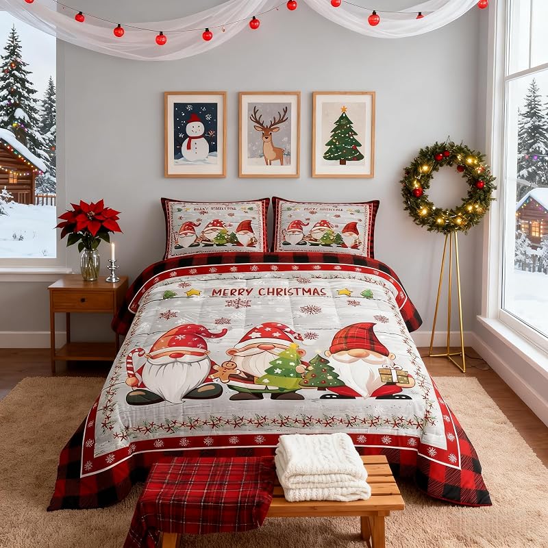 Multi 06 Twin Comforter Set - Merry Christmas Gnomes Snowflake Bedding, 68x90 Twin