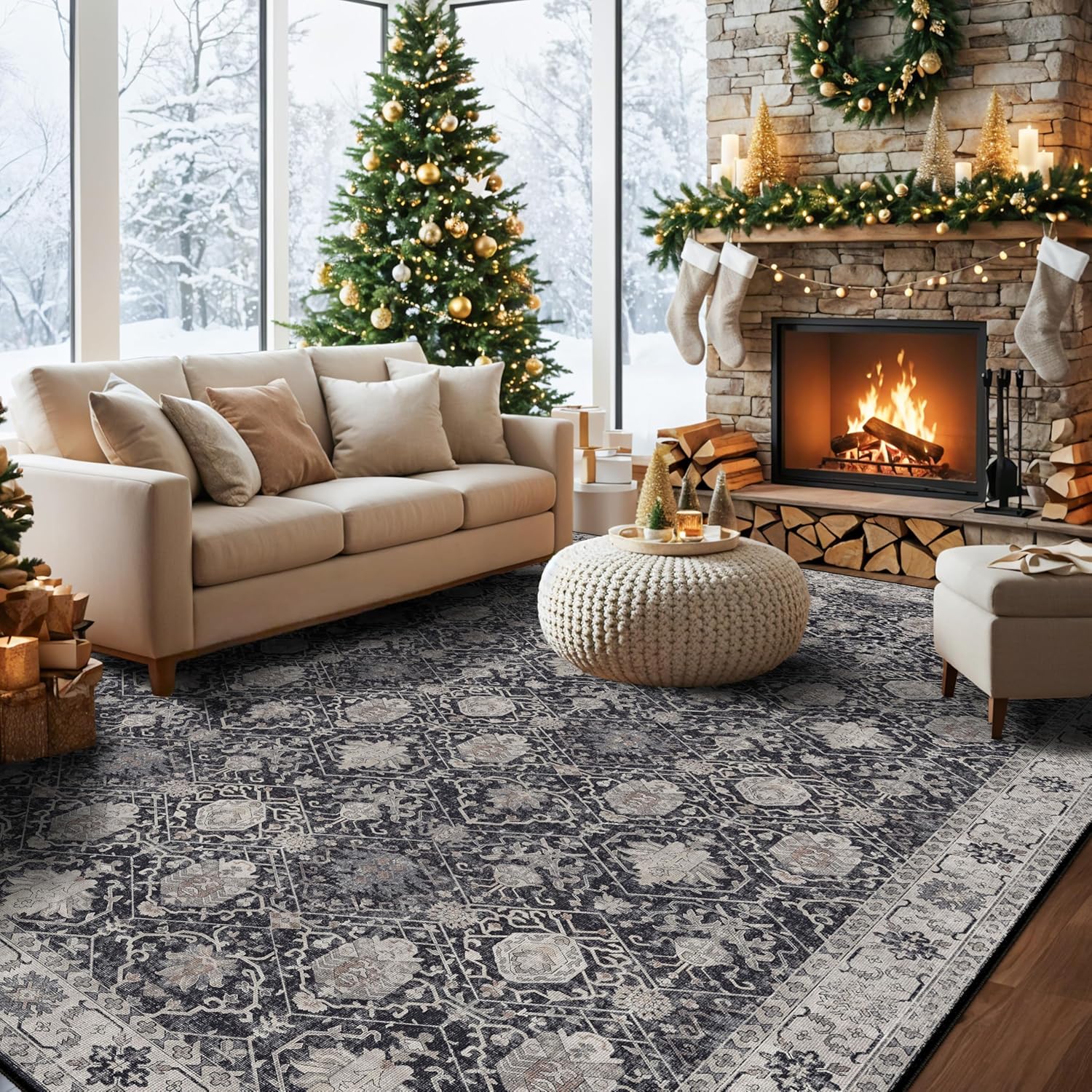 Skiennix Washable Large Area Rug - Ultra Soft Non-Slip 9x12 Oriental Carpet for Living Room | Stain Resistant Black