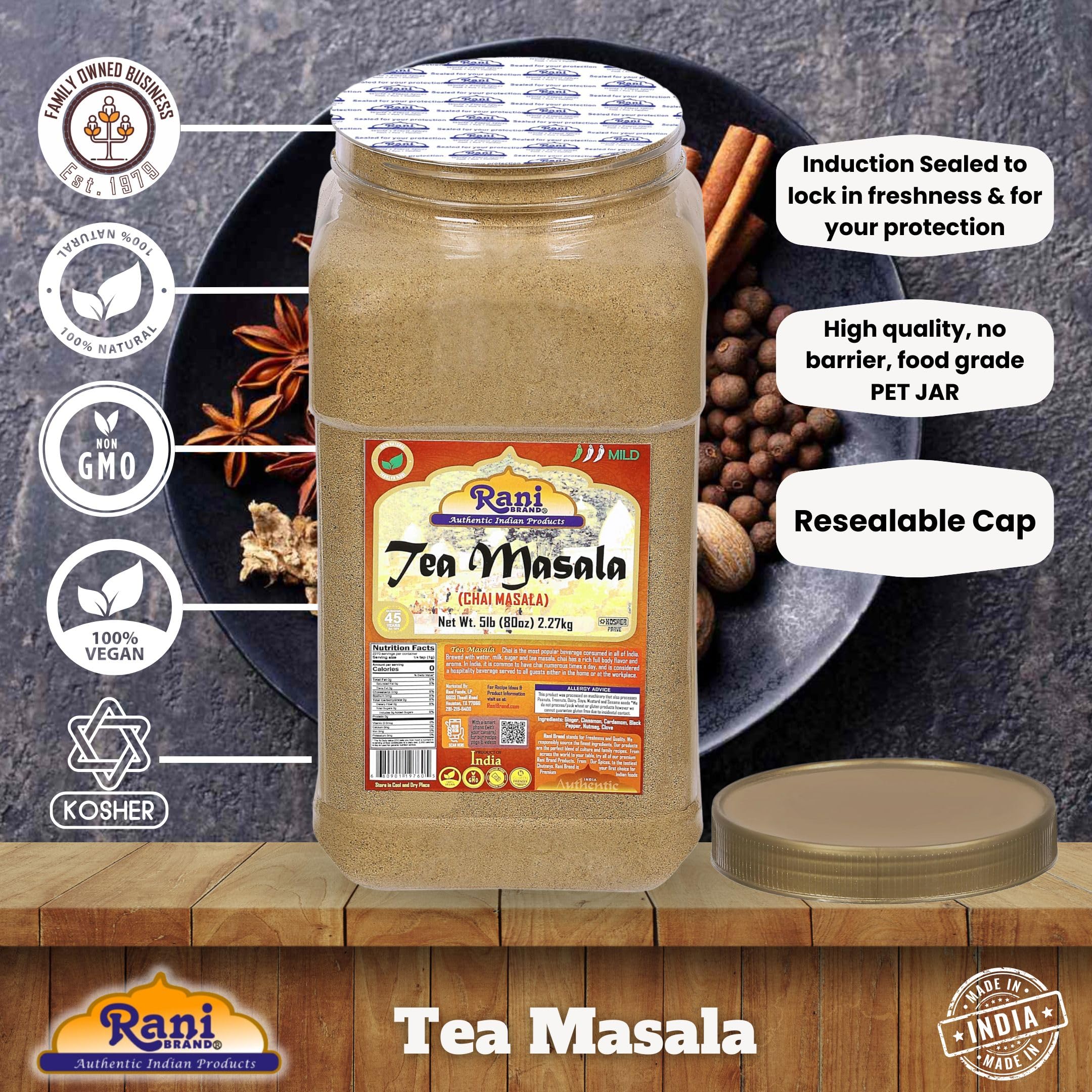 Rani Tea (Chai) Masala Indian Spice Blend 80oz (5lbs) 2.27kg Bulk PET Jar ~ All Natural | Vegan | Gluten Friendly | Salt & Sugar Free | NON-GMO | No Colors | Indian Origin