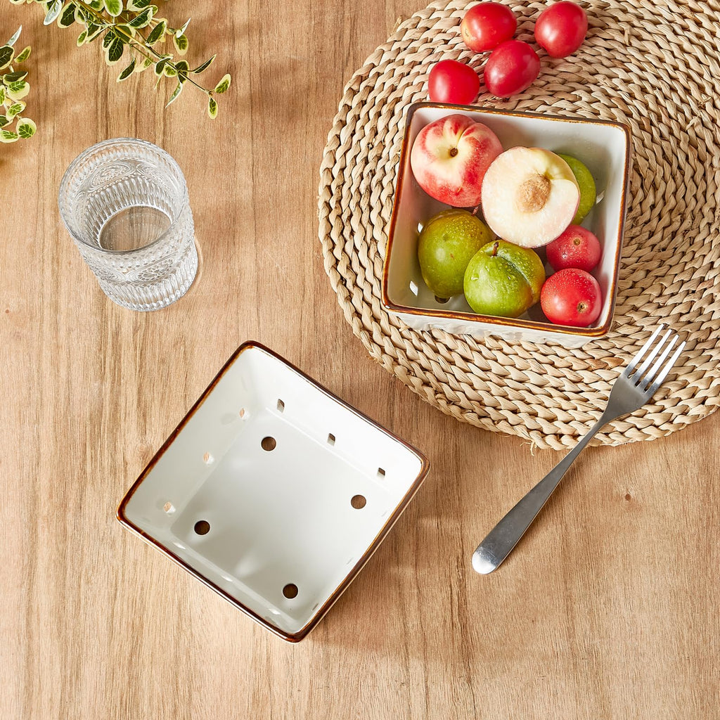 ONEMORE Ceramic Berry Basket Square Fruit Bowls with Holes Berry Bowl Colander Fruit Basket for Kitchen Décor - 5.8" Berry Containers for Fridge, Set of 2, Cream White