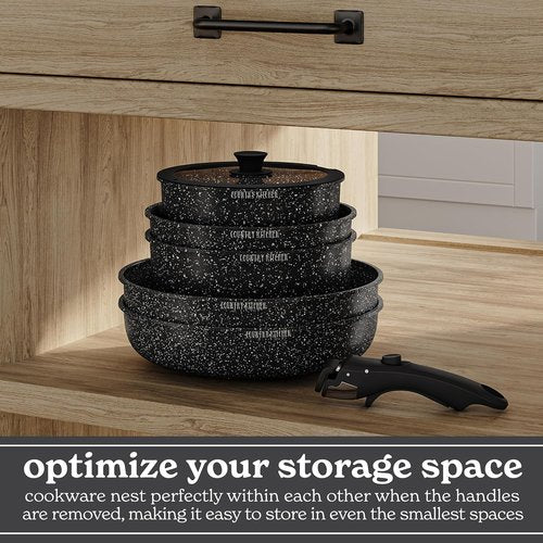 Country Kitchen Cookware Set - Removable Handle, Oven & RV Safe Pots and Pans, Black