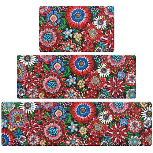 Likiyol Boho Kitchen Rugs Floral Kitchen Mats for Floor Bohemian Cushioned Anti Fatigue Mats for Kitchen Floor Non Slip Washable Kitchen Mat for Home, Sink, 18''x30''+18''x48''+18''x60'', Red