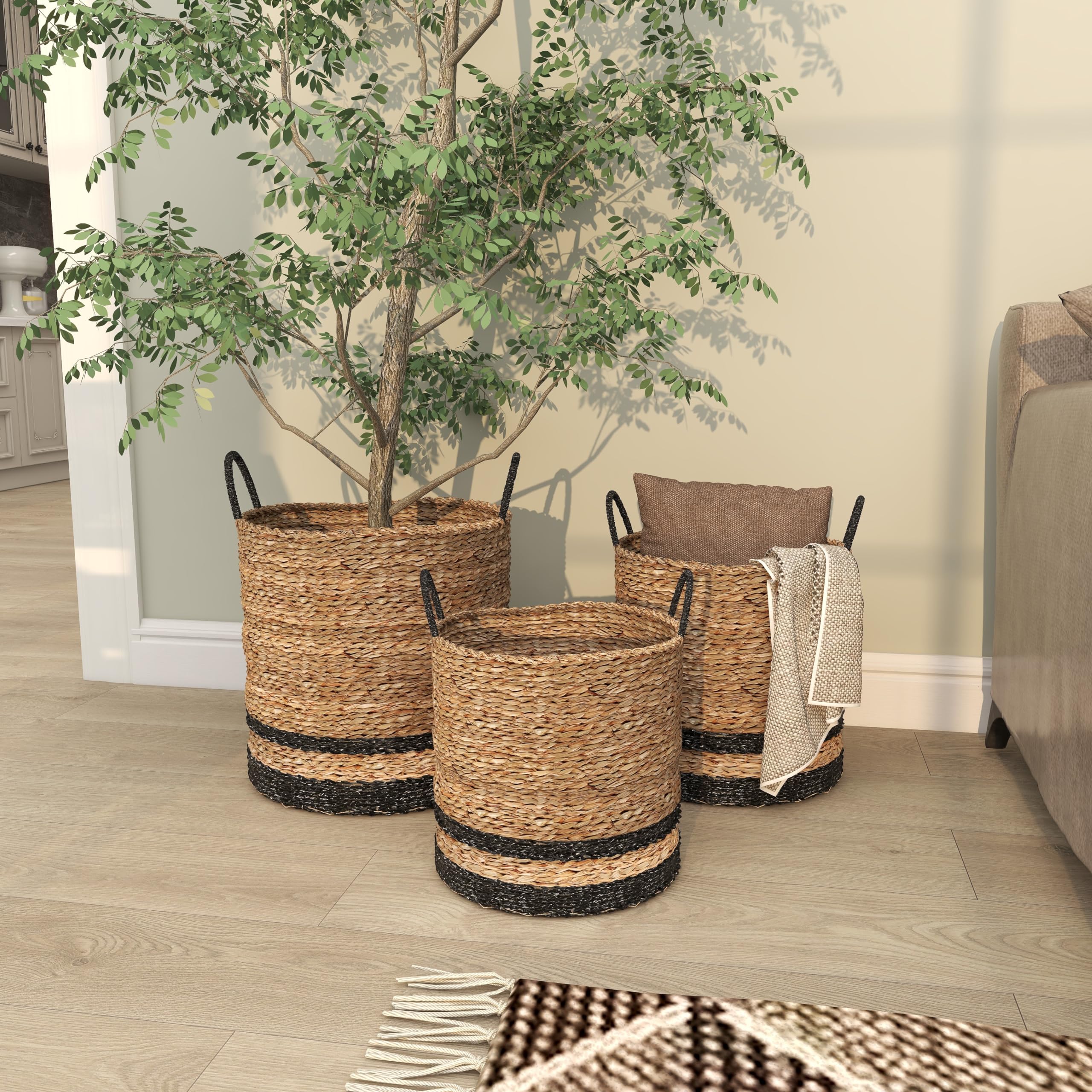 Deco 79 Seagrass Handmade Decorative and Functional Storage Basket Two-Toned Brown Basket Organizer with Handles, Set of 3 Basket for Storage 18", 17", 14"H, Black