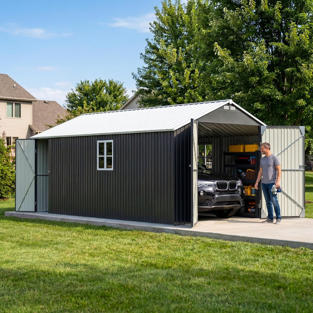 Patiowell 12x20 FT Outdoor Storage Shed - Large Metal Garden Shed with Lockable Doors & Vents | Waterproof Black Design