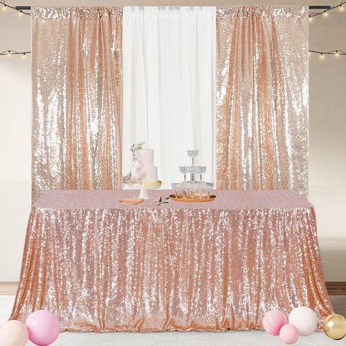 Poise3EHome Rose Gold Sequin Tablecloth 90×132 Inch Rectangle Sparkly Fabric Table Cover for Birthday Christmas Wedding Party Holiday Baby Shower Cake Table Decoration
