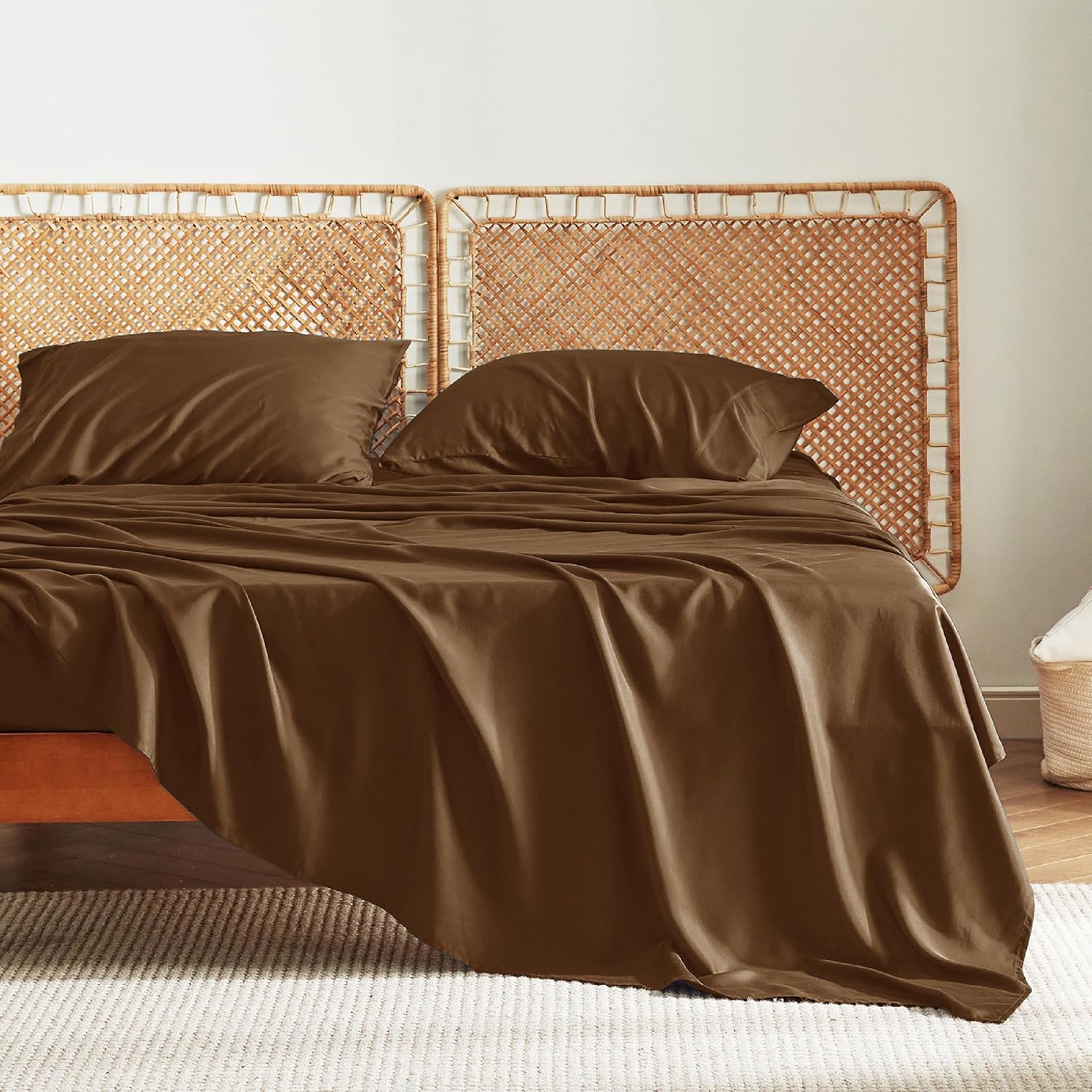 Bedsure Cooling California King Sheet Set - Breathable Rayon from Bamboo, Soft & Silky, Deep Pocket Up to 16 Inches, Brown