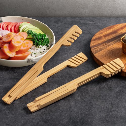 2-Pack Bamboo Kitchen Tongs for Cooking – 8.7-Inch Wooden Food Tongs with Wide Grooved Tips, Flip Design for Nonstick Cookware, Salad, BBQ, and Grilling