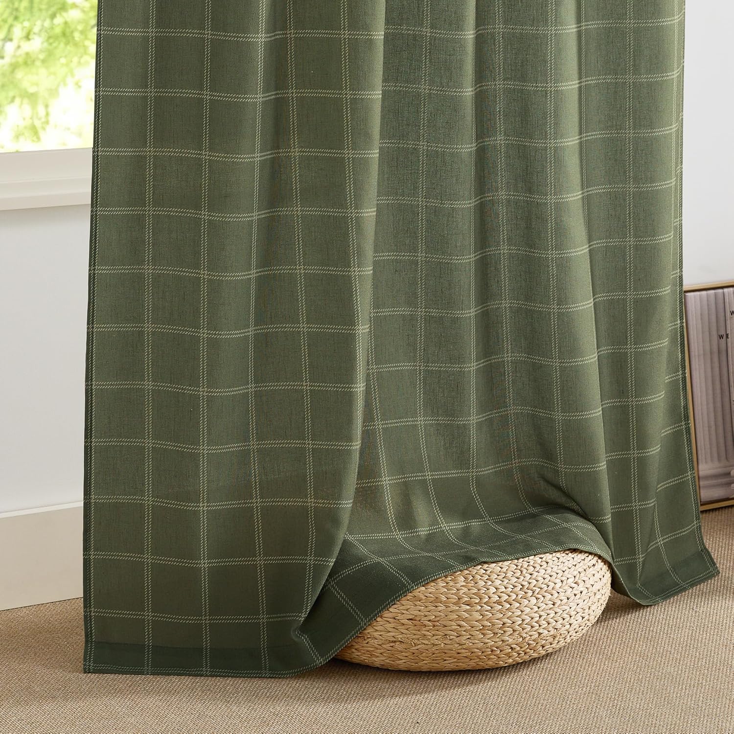 NICETOWN Linen Plaid Curtains - Moss Green Check Tartan Light Filtering Window Panels | 52" x 84" (2 Panels)