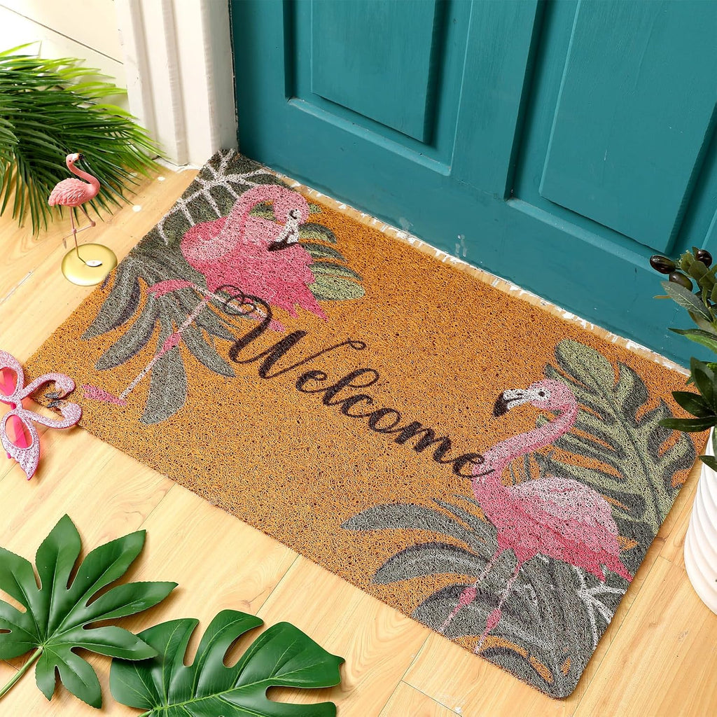 Tinideya Flamingo Welcome Door Mat - Tropical Palm Leaves Design | Non-Slip Rubber, Washable, 17x29 Inch