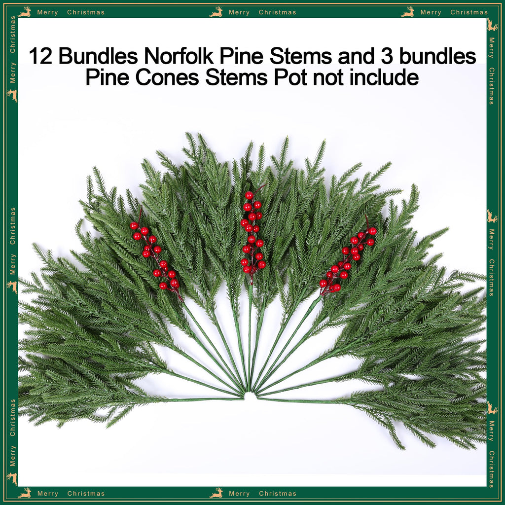 florisso Artificial Faux Christmas Norfolk Pine Stems Branches for Vases,12 Bundles Fake Evergreen Real Touch Greenery Stem with 3 PCS Red Berry Branches for Xmas Holiday Winter Table Indoor Decor