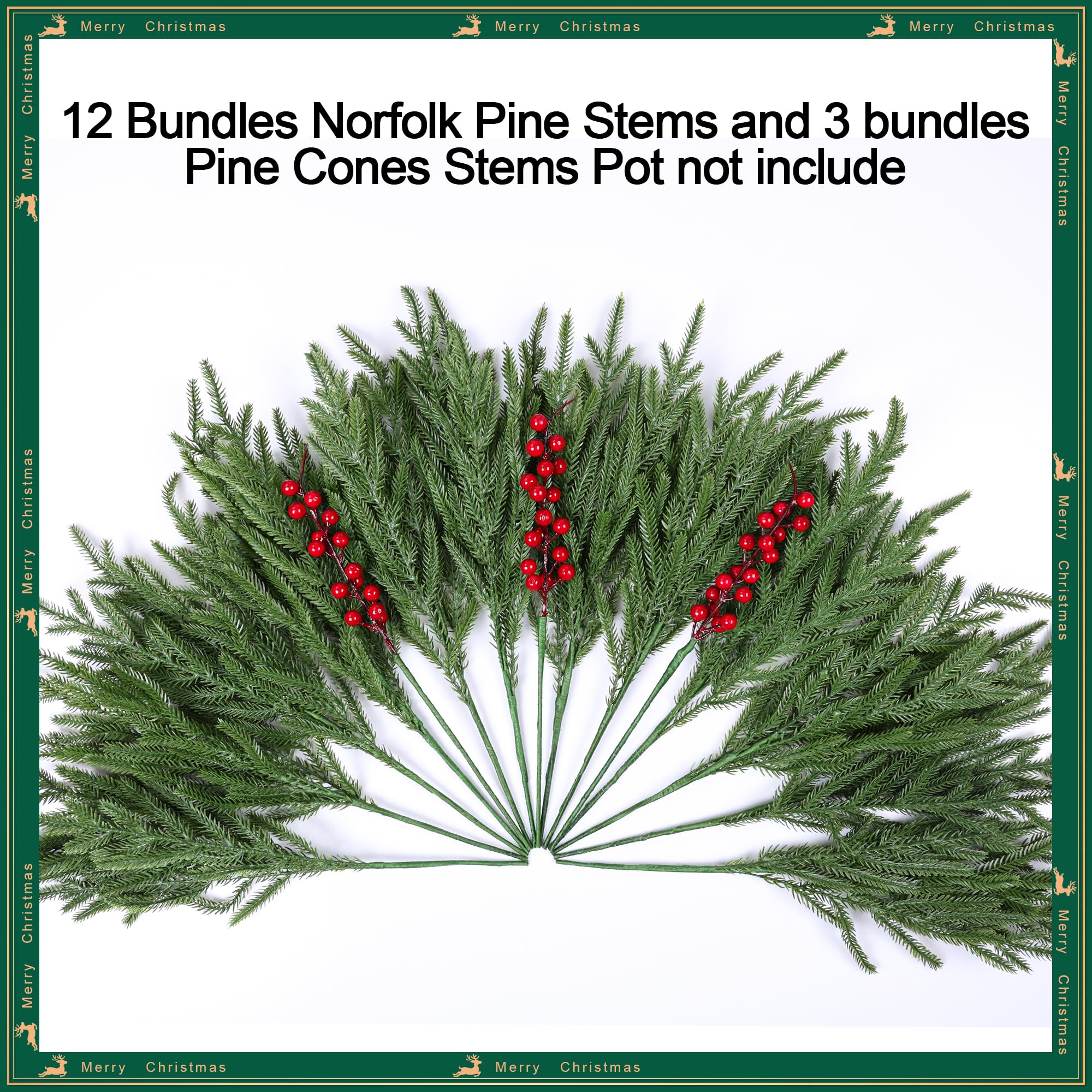 florisso Artificial Faux Christmas Norfolk Pine Stems Branches for Vases,12 Bundles Fake Evergreen Real Touch Greenery Stem with 3 PCS Red Berry Branches for Xmas Holiday Winter Table Indoor Decor