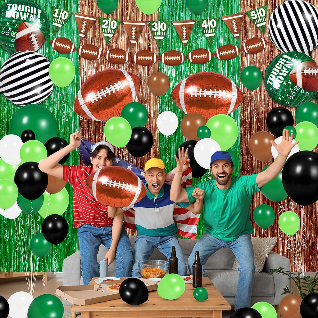 130 PCS Football Balloon Garland Arch Kit - Sage Green & Coffee Brown Balloons with Football Foil Balloon Foil Fringe Curtains for Touch Down Rugby Sport Theme Party Decorations