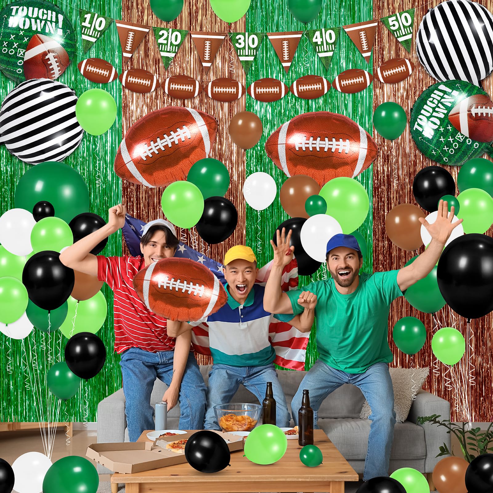 130 PCS Football Balloon Garland Arch Kit - Sage Green & Coffee Brown Balloons with Football Foil Balloon Foil Fringe Curtains for Touch Down Rugby Sport Theme Party Decorations