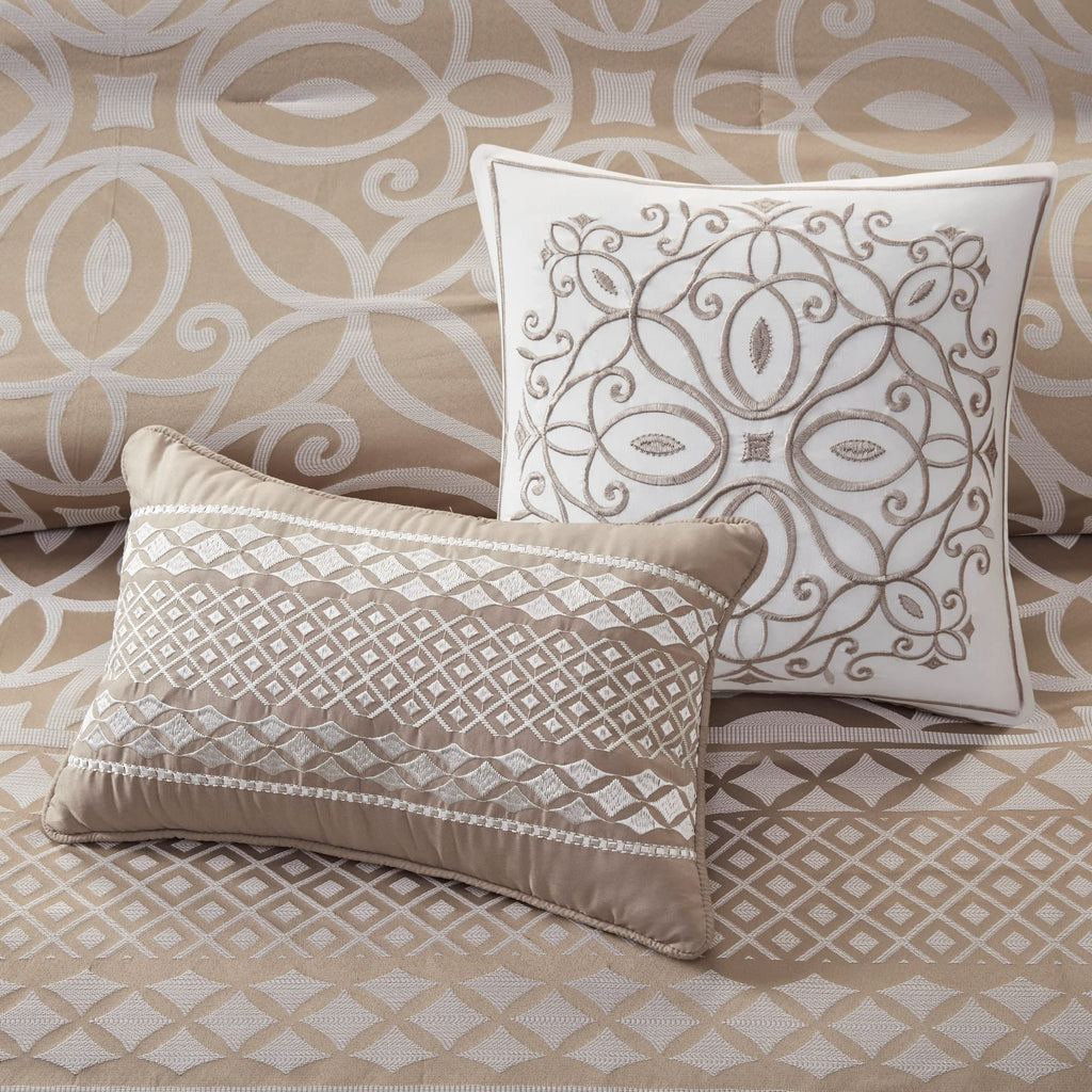 Madison Park Carina Cozy Comforter Set Luxe Jacquard Medallion Design with Embroidery and Pleated Details, All Season Bedding with Matching Shams, Decorative Pillow, Queen, Taupe 7 Piece