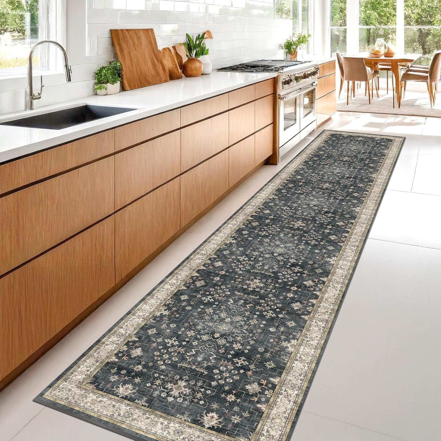 Skiennix Black Boho Washable Hallway Runner Rug - Extra Long Non-Slip Carpet for Kitchen, Bathroom & Entryway