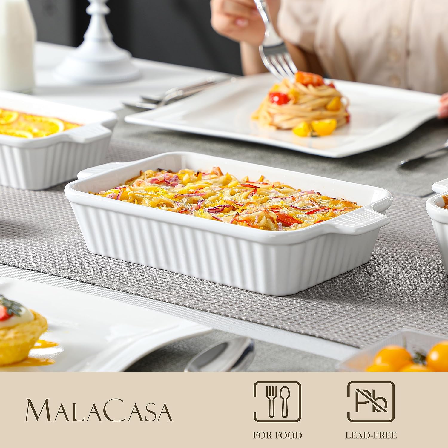 MALACASA Casserole Dishes - Porcelain Bakeware Set of 4 in White and Orange for Oven Cooking