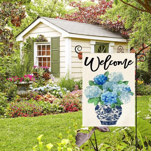 AVOIN Colorlife Garden Flag - Spring Hydrangea Floral Design | Double-Sided 12x18 Inch, Blue & White