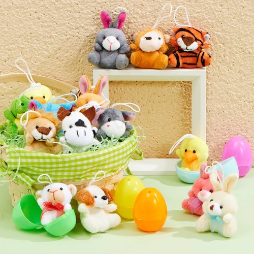 JOYIN 18 Pcs Pre-Filled Easter Eggs with Plush Animal Toys, Egg Filled Keychain for Kids Hunt Goodie Bag Fillers Basket Stuffers and Party Favor, Classroom Prize Supplies