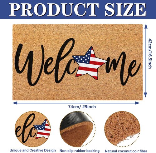 FYSUIMU Patriotic Coir Door Mat - Non-Slip American Flag Welcome Rug | 16.5 x 29 Inch for 4th of July Decor