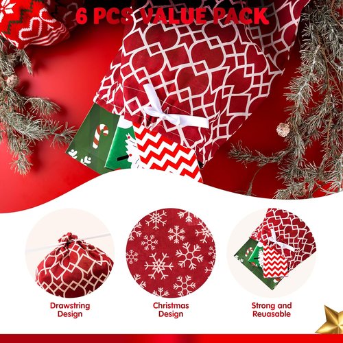 JOYIN Fabric Gift Bags - Elegant Red Design | 6-Pack in 3 Sizes for Holiday Present Giving