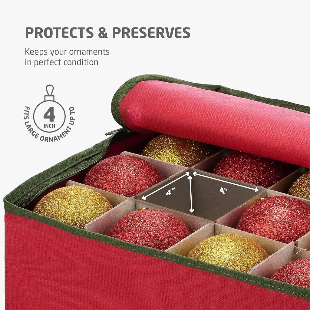 ZOBER Large Christmas Ornament Storage Box - Organize 54 4" Ornaments with Dividers - Durable Red Container