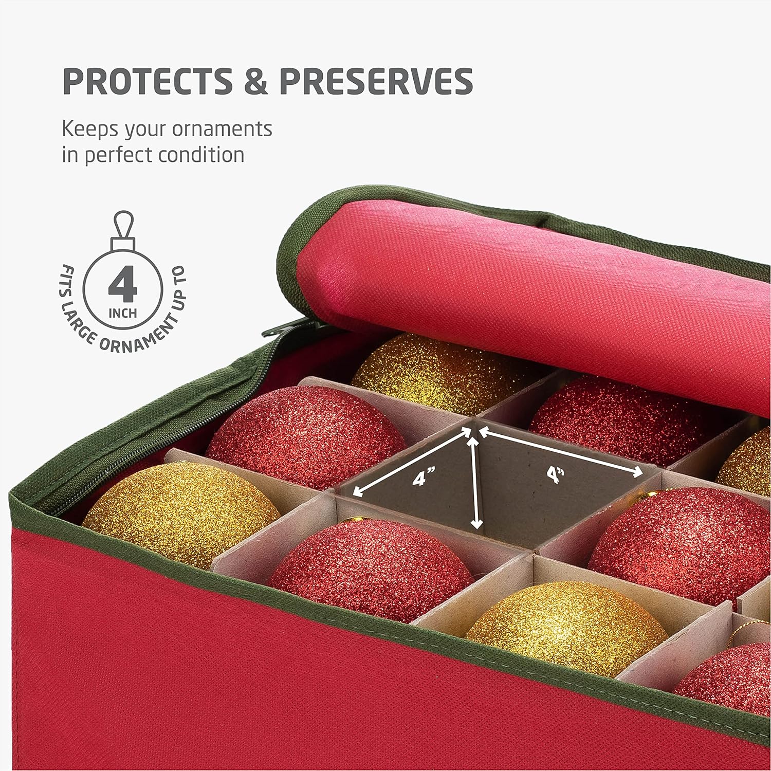 ZOBER Large Christmas Ornament Storage Box - Organize 54 4" Ornaments with Dividers - Durable Red Container
