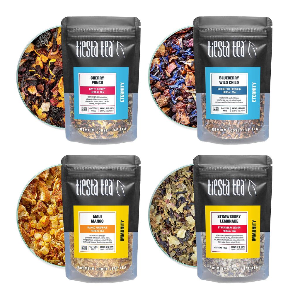 Tiesta Tea - Fruity Tea Sampler Dry Flight Set, Loose Leaf, No Caffeine, Makes Hot and Iced, Assorted Fruit Brews with Mango, Peach, Orange Drinks & More, 8 Resealable Sample Pouches