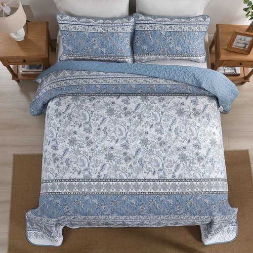 Yiran Blue Boho Quilt Set Queen Size Striped Bedspread Floral Bedding Set 3 Pieces Soft Microfiber Paisley Quilt with 2 Pillow Shams 96" x90''