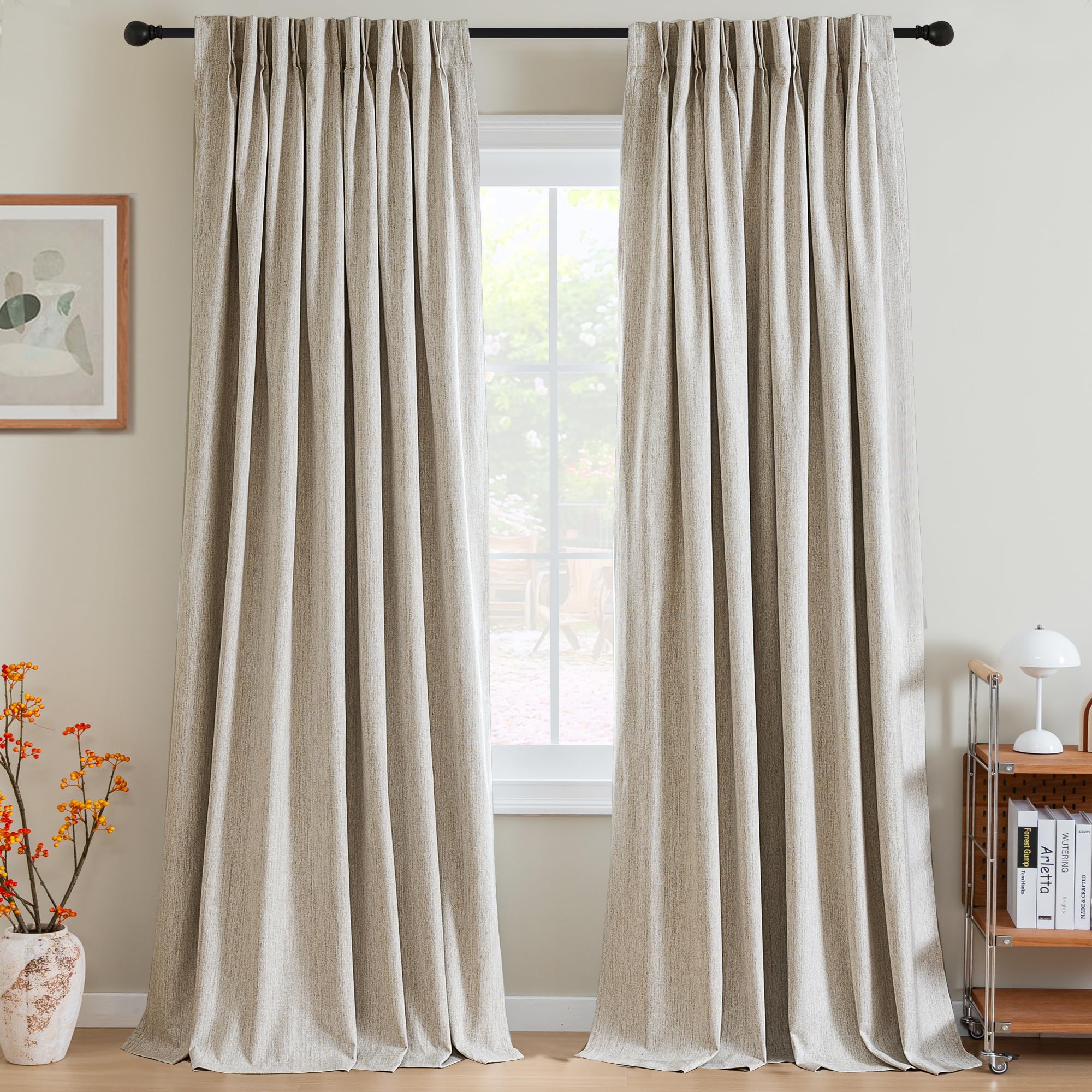 H.VERSAILTEX Pinch Pleated Full Blackout Curtains Linen Blended Chenille Blackout Curtains 84 inch Length 2 Panels Bedroom Thermal Insulated Farmhouse Neutral Track Drapes with Hooks, Heather Natural