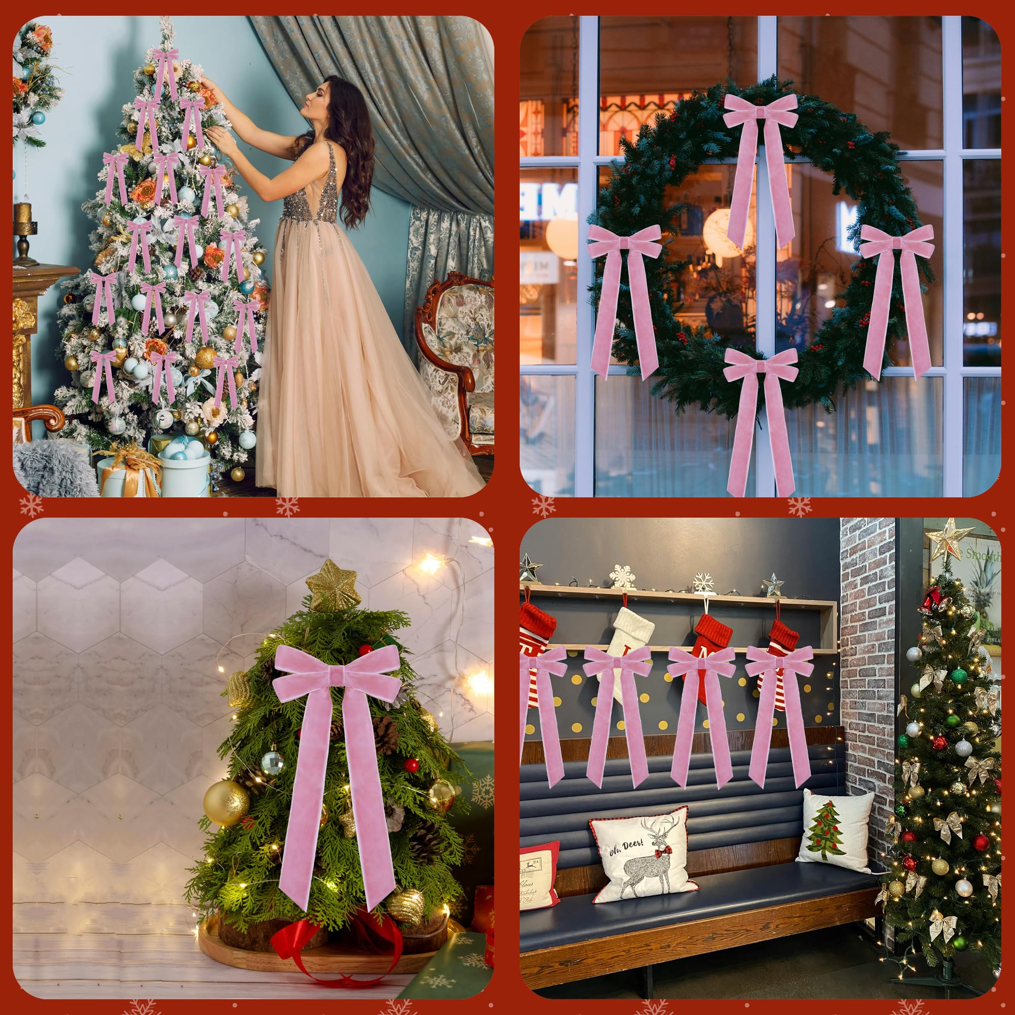 TNTIWQ 15 Pcs Pink Velvet Ribbon Bows Valentines Day Decorations for Tree 5in x 10in x 1in Vintage Velvet Bows for Christmas Tree Coquette Room Wreath Garland Birthday Wedding Party Decor (Pink)