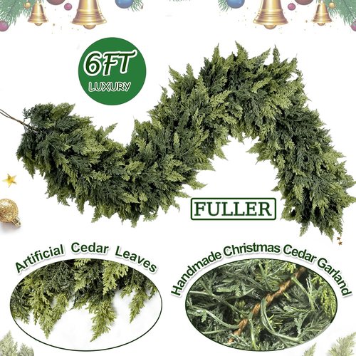 Delux Cedar Garland - 6FT Real Touch Christmas Garland | Lush Winter Pine Decor for Indoor & Outdoor