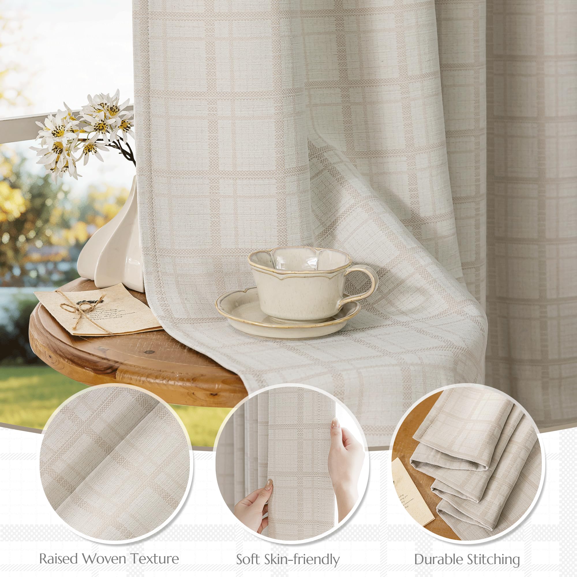 Beauoop Beige Plaid Jacquard Blackout Curtains 84 Inches Long 2 Panels for Bedroom Living Room Gingham Checkered Room Darkening Thermal Insulated Soundproof Grommet Window Drapes, 52x84 2 Set