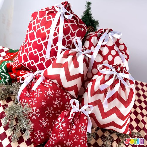 JOYIN Fabric Gift Bags - Elegant Red Design | 6-Pack in 3 Sizes for Holiday Present Giving