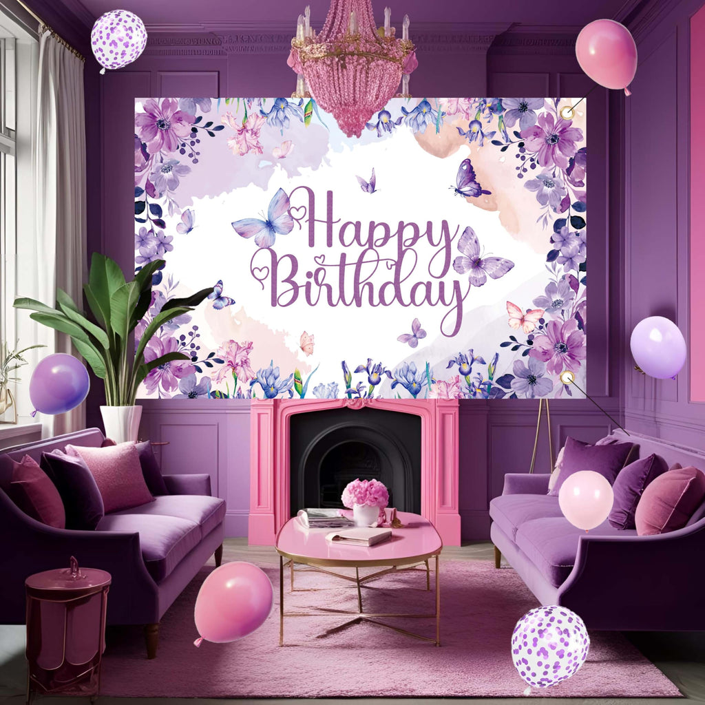 Purple Butterfly Birthday Decorations Balloon Arch Kit - Glitter Butterfly Party Supplies with Garland, Backdrop, Centerpieces for Women Girls Birthday Party Decor