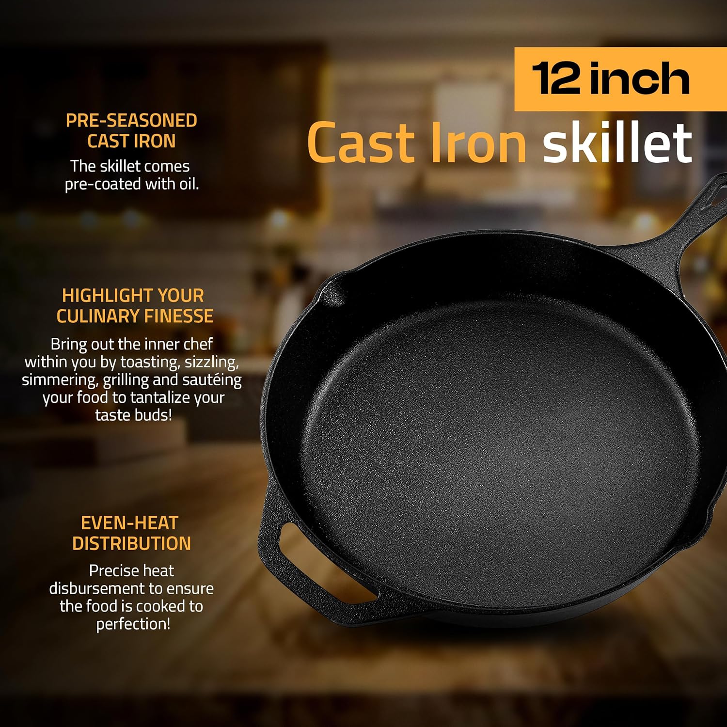 Utopia Kitchen Cast Iron Skillet - 12 Inch Pre-Seasoned Chef's Pan for Even Heat Distribution | Black