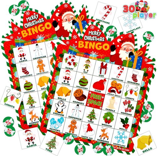 JOYIN Christmas Bingo Cards - 30 Players Holiday Game for Kids & Family Fun | Winter Party Activity